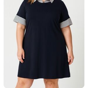1901 Navy Dress with Striped Collar and Sleeves